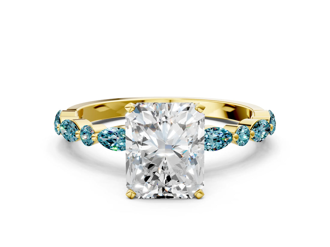 Yellow gold Radiant Cut Diamond Ring with Marquise and Round with Blue Topaz side stone Side Stones and Four-Prong Setting_24
