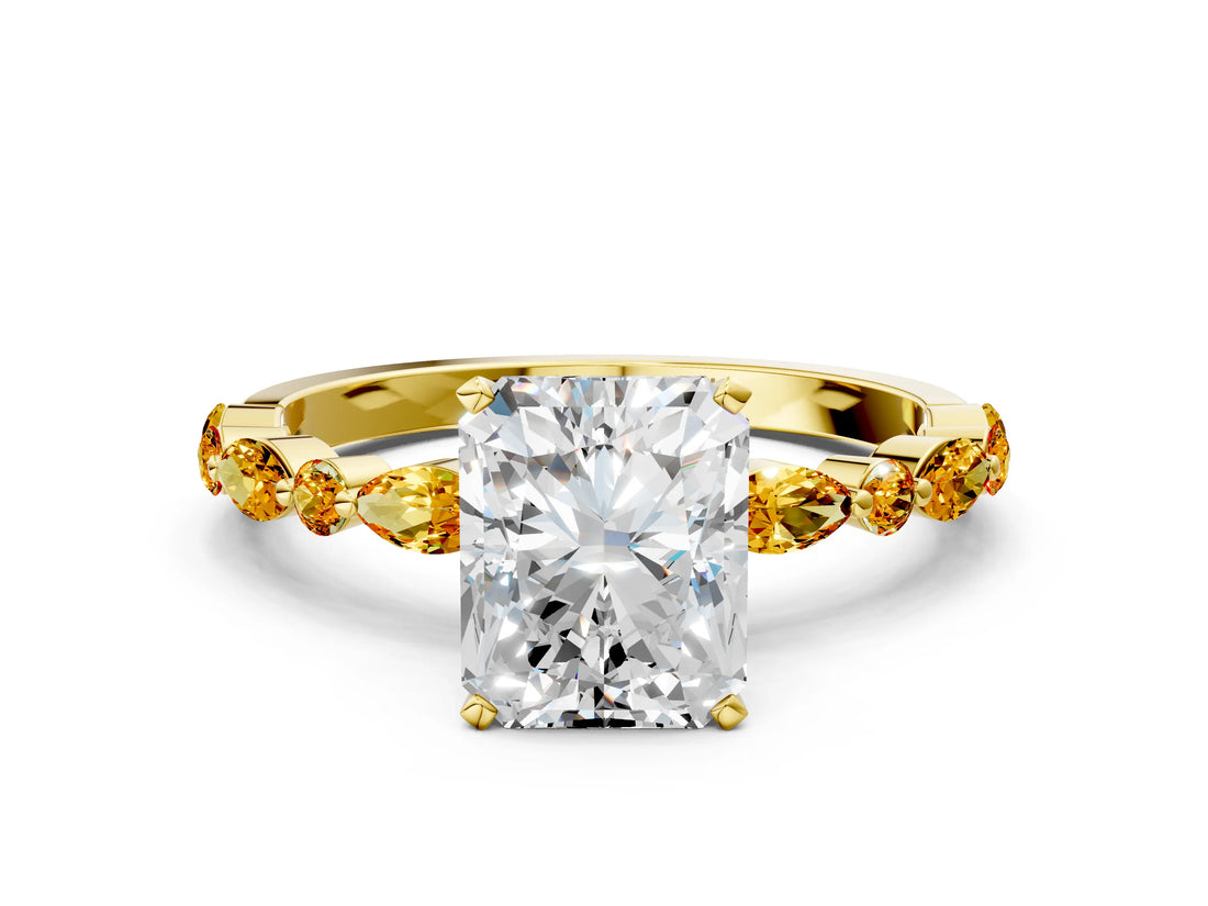 Yellow gold Radiant Cut Diamond Ring with Marquise and Round with Citrine side stone Side Stones and Four-Prong Setting_12