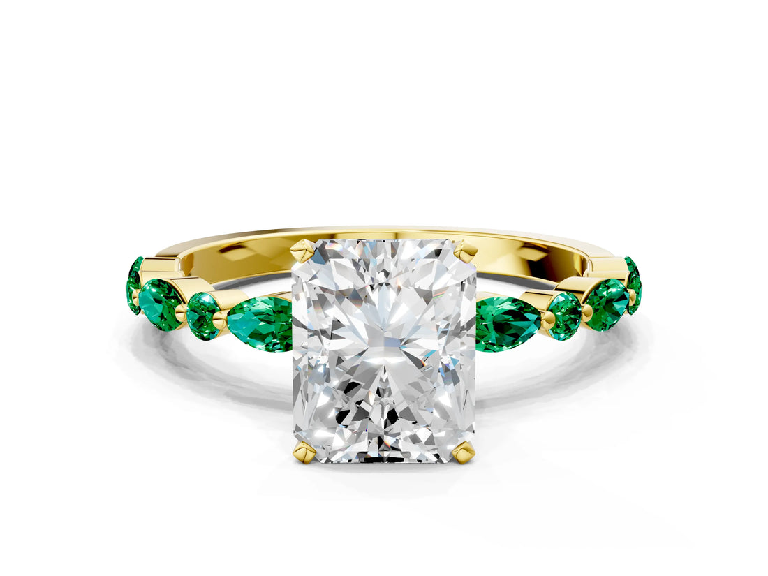 Yellow gold Radiant Cut Diamond Ring with Marquise and Round with Emerald side stone Side Stones and Four-Prong Setting_60