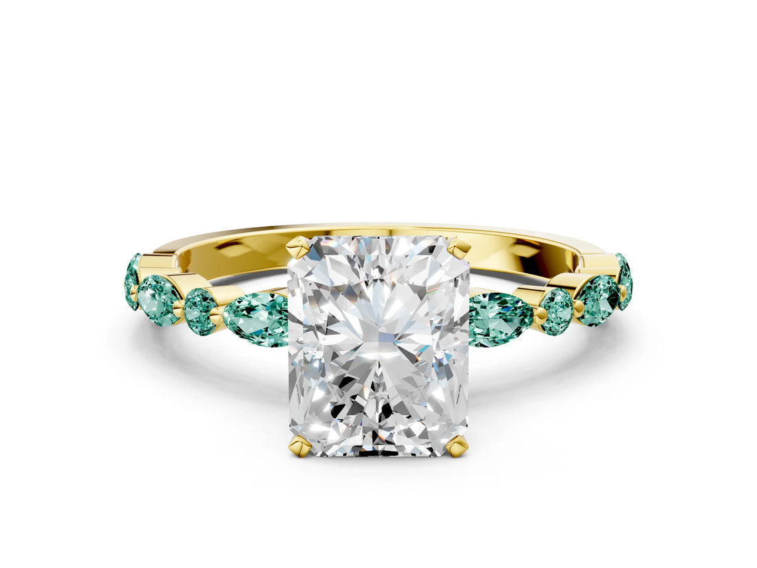 Yellow gold Radiant Cut Diamond Ring with Marquise and Round with Green Sapphire side stone Side Stones and Four-Prong Setting_12