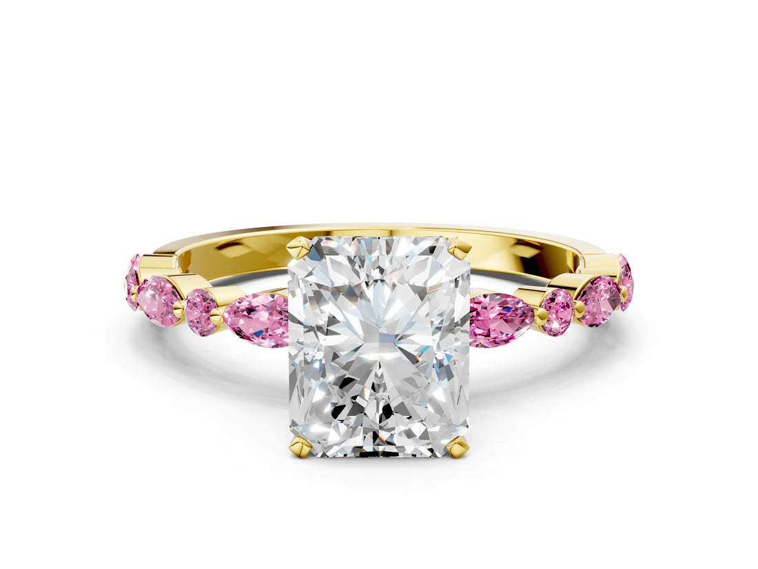 Yellow gold Radiant Cut Diamond Ring with Marquise and Round with Pink Sapphire side stone Side Stones and Four-Prong Setting_12