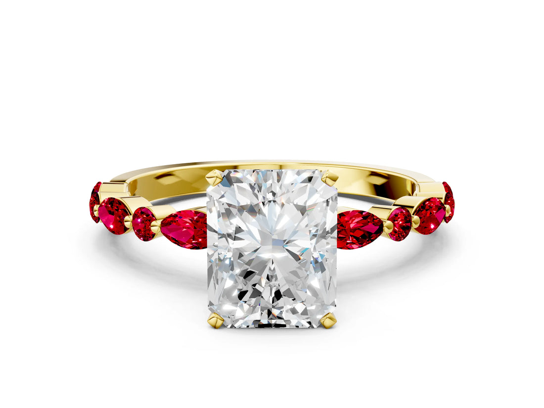 Yellow gold Radiant Cut Diamond Ring with Marquise and Round with Ruby side stone Side Stones and Four-Prong Setting_36