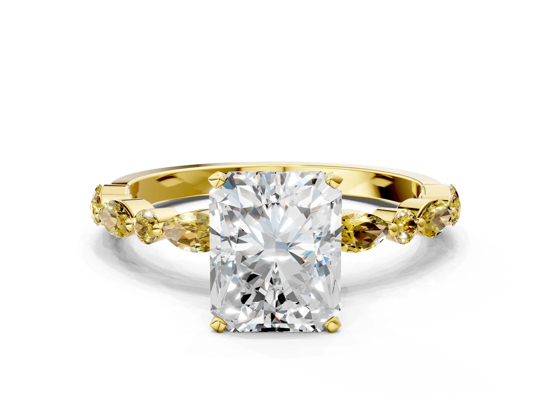 Yellow gold Radiant Cut Diamond Ring with Marquise and Round with Yellow Sapphire side stone Side Stones and Four-Prong Setting_24