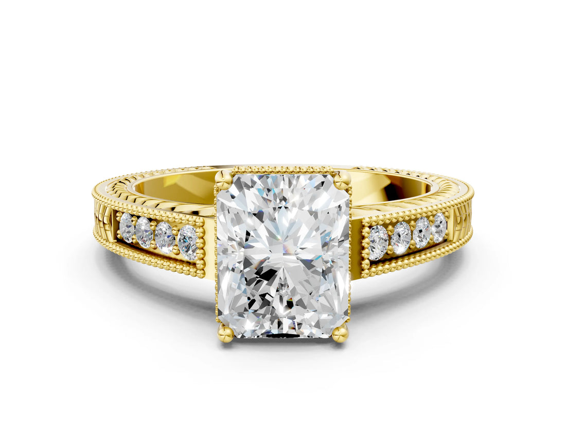 Yellow gold Radiant Cut Diamond Ring with Milgrain Pavé Band and Four-Prong Setting_24