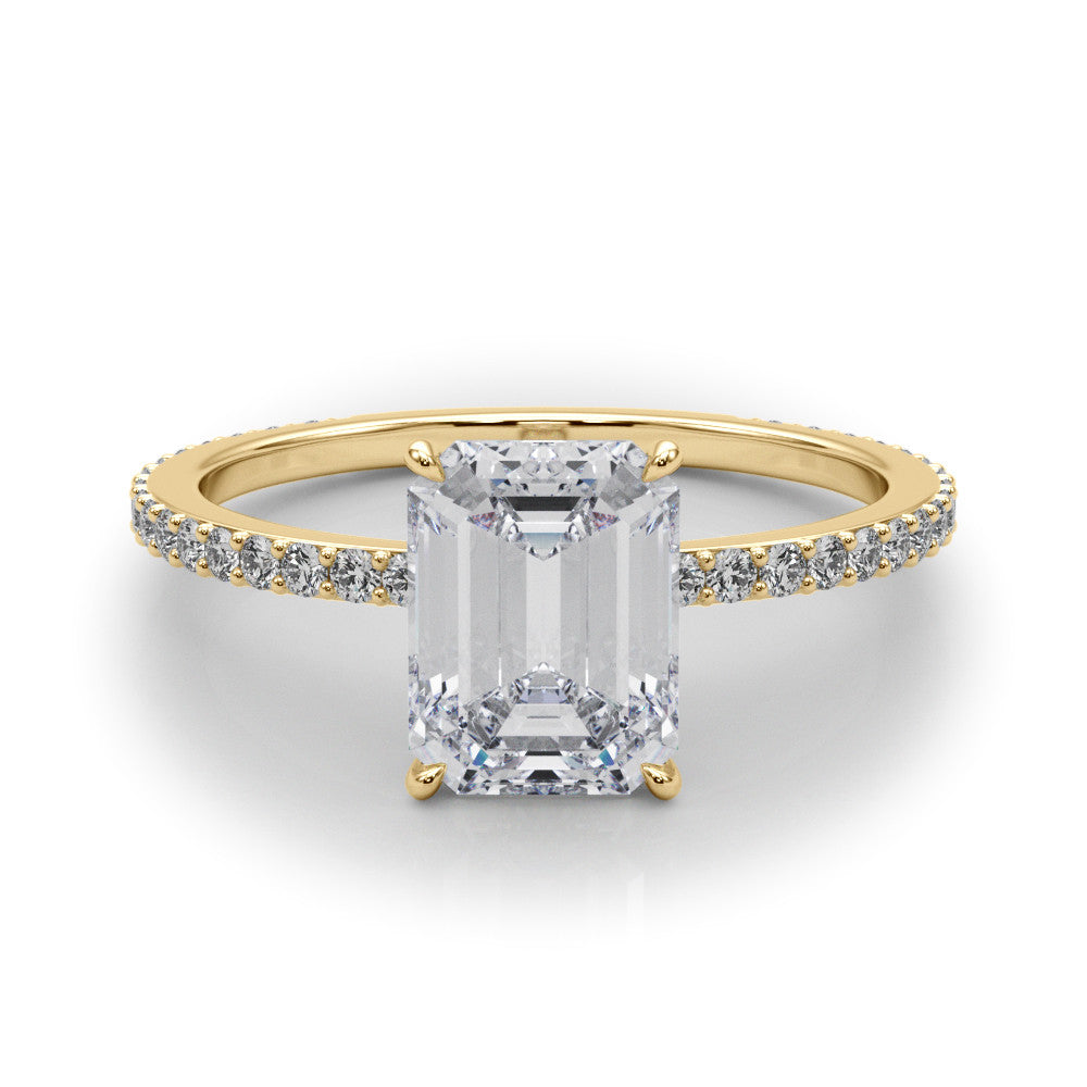 Yellow gold Radiant Cut Diamond Ring with Pavé Band and Four-Prong Setting