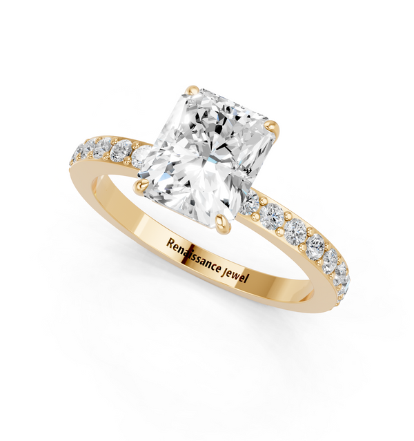 14K Yellow Gold 1.59 Carat E VVS2 Radiant Cut Diamond Ring with Pavé Band and Four-Prong Setting
