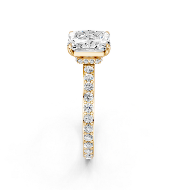 14K Yellow Gold 1.59 Carat E VVS2 Radiant Cut Diamond Ring with Pavé Band and Four-Prong Setting