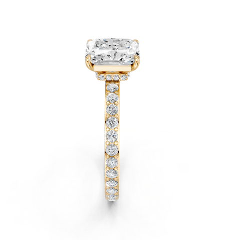 14K Yellow Gold 1.59 Carat E VVS2 Radiant Cut Diamond Ring with Pavé Band and Four-Prong Setting
