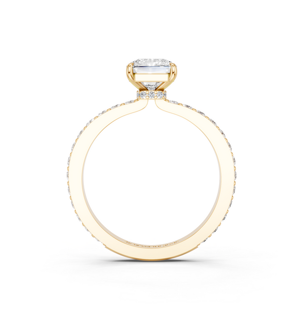 14K Yellow Gold 1.59 Carat E VVS2 Radiant Cut Diamond Ring with Pavé Band and Four-Prong Setting