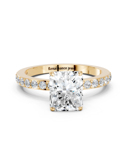 14K Yellow Gold 1.59 Carat E VVS2 Radiant Cut Diamond Ring with Pavé Band and Four-Prong Setting
