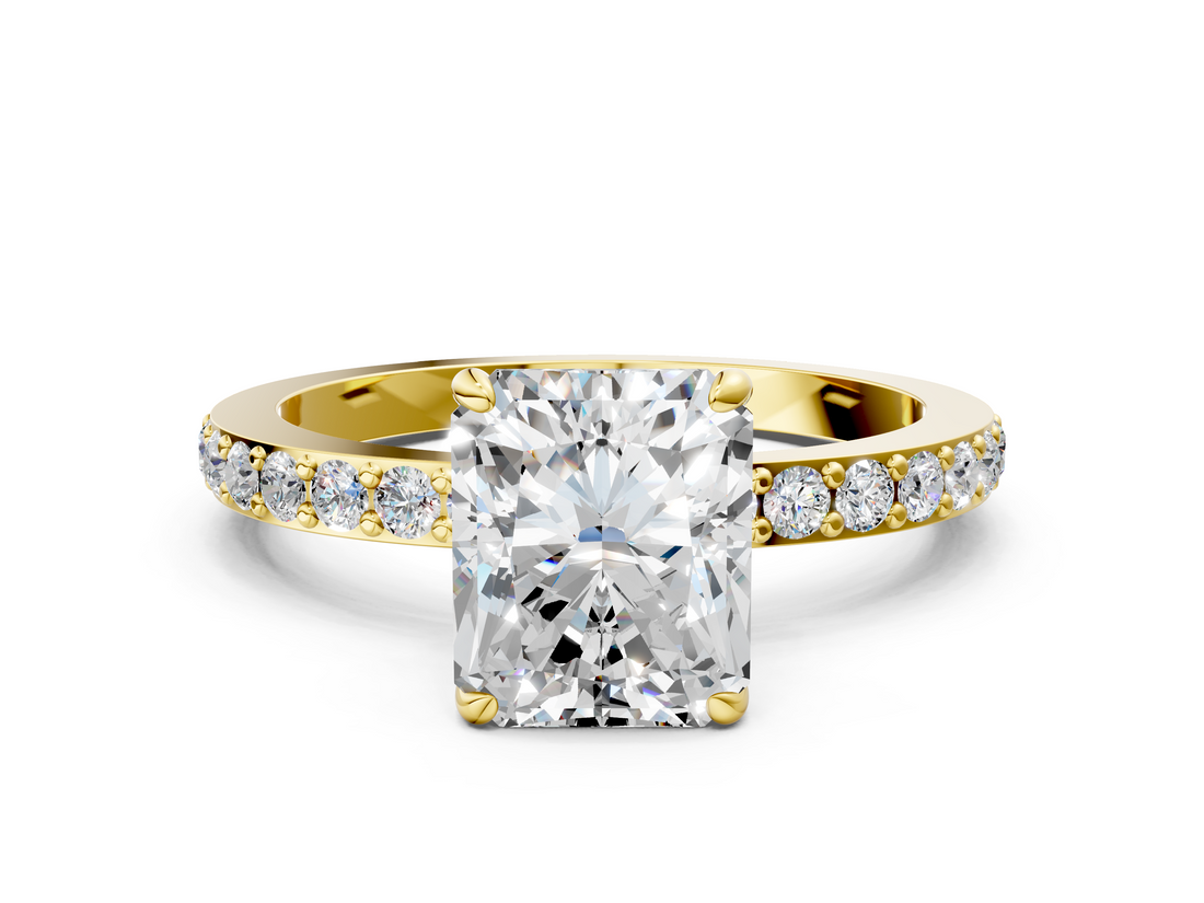 18K Yellow Gold 3.32 Carat F VVS2 Radiant Diamond Pavé Engagement Ring with Round Accents and Prong Setting
