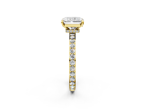 18K Yellow Gold 3.32 Carat F VVS2 Radiant Diamond Pavé Engagement Ring with Round Accents and Prong Setting