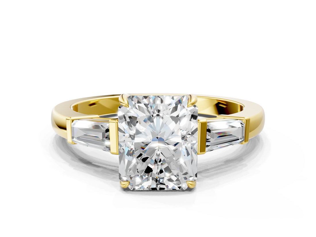 Yellow gold Radiant Cut Diamond Ring with Tapered Baguette Side Stones in Four-Prong Setting_15