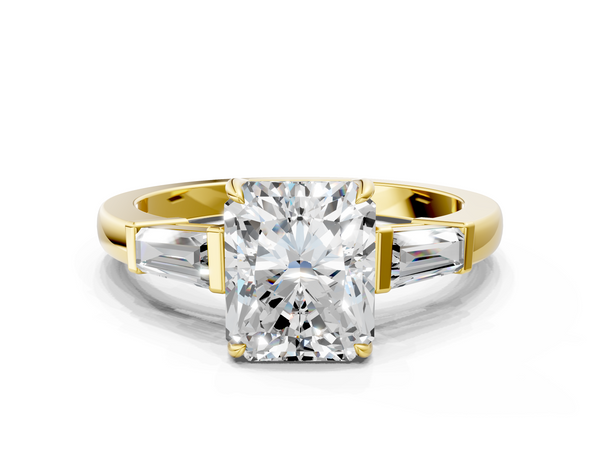 Yellow gold Radiant Cut Diamond Three-Stone Ring with Tapered Baguette Side Stones and Prong Setting