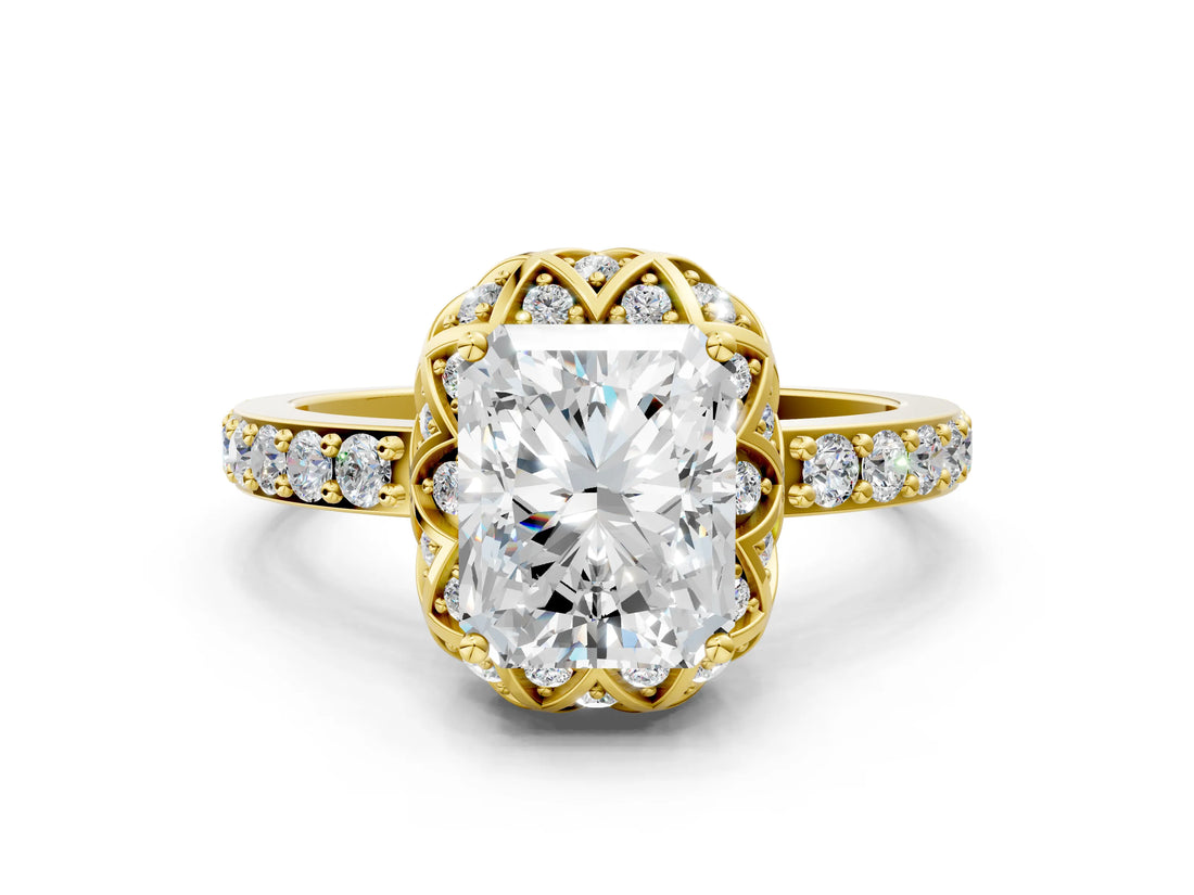 Yellow gold Radiant Cut Diamond Scalloped Halo Engagement Ring with Round Shared Prong Band_12