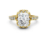 Yellow gold Radiant Cut Diamond Scalloped Halo Engagement Ring with Round Shared Prong Band_12