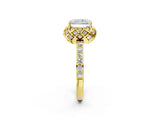 Yellow gold Radiant Cut Diamond Scalloped Halo Engagement Ring with Round Shared Prong Band_14