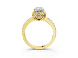 Yellow gold Radiant Cut Diamond Scalloped Halo Engagement Ring with Round Shared Prong Band_15
