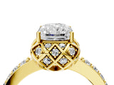 Yellow gold Radiant Cut Diamond Scalloped Halo Engagement Ring with Round Shared Prong Band_16