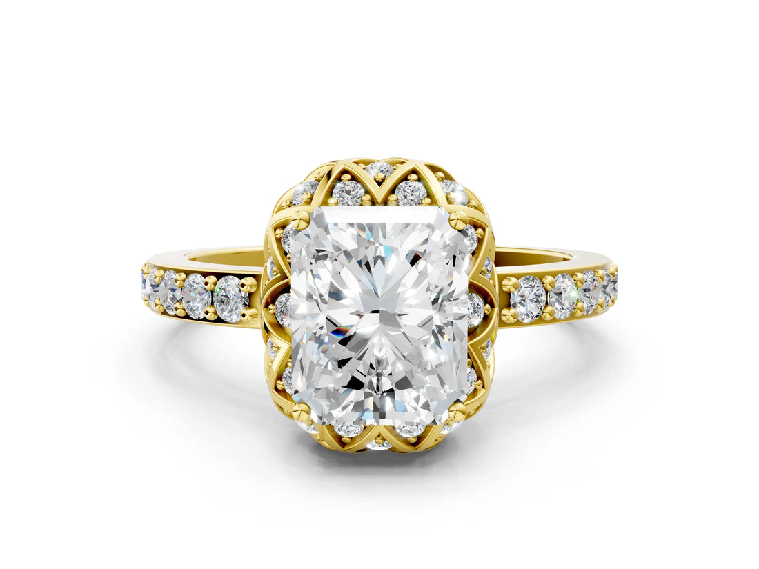 Yellow gold Radiant Cut Diamond Scalloped Halo Engagement Ring with Round Shared Prong Band_24