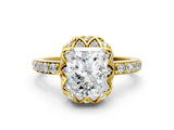 Yellow gold Radiant Cut Diamond Scalloped Halo Engagement Ring with Round Shared Prong Band_24