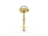 Yellow gold Radiant Cut Diamond Scalloped Halo Engagement Ring with Round Shared Prong Band_26