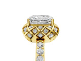 Yellow gold Radiant Cut Diamond Scalloped Halo Engagement Ring with Round Shared Prong Band_29