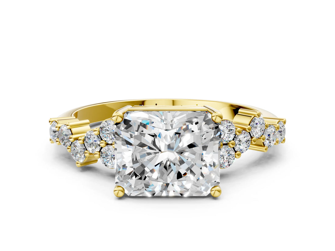 Yellow gold Radiant Cut Diamond Scattered Round Accent Ring with Prong Setting_12