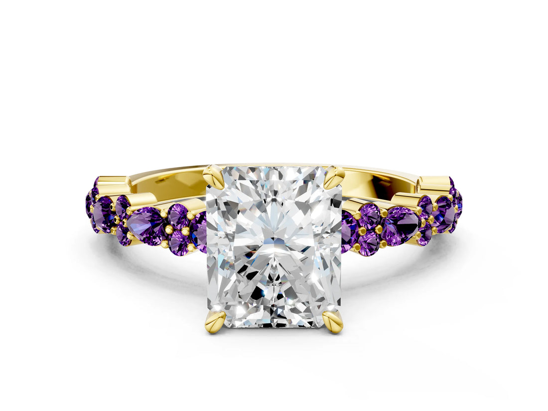 Yellow gold Radiant Cut Diamond Side Stone Solitaire Ring with Round with Amethyst side stone and Four-Prong Setting