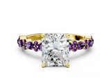 Yellow gold Radiant Cut Diamond Side Stone Solitaire Ring with Round with Amethyst side stone and Four-Prong Setting