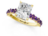 Yellow gold Radiant Cut Diamond Side Stone Solitaire Ring with Round with Amethyst side stone and Four-Prong Setting_1