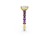 Yellow gold Radiant Cut Diamond Side Stone Solitaire Ring with Round with Amethyst side stone and Four-Prong Setting_2