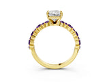Yellow gold Radiant Cut Diamond Side Stone Solitaire Ring with Round with Amethyst side stone and Four-Prong Setting_3