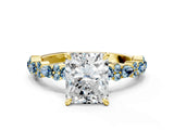 Yellow gold Radiant Cut Diamond Side Stone Solitaire Ring with Round with Aquamarine side stone and Four-Prong Setting