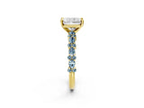 Yellow gold Radiant Cut Diamond Side Stone Solitaire Ring with Round with Aquamarine side stone and Four-Prong Setting_2