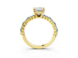 Yellow gold Radiant Cut Diamond Side Stone Solitaire Ring with Round with Aquamarine side stone and Four-Prong Setting_3