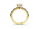 Yellow gold Radiant Cut Diamond Side Stone Solitaire Ring with Round with Blue Sapphire side stone and Four-Prong Setting_3