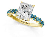 Yellow gold Radiant Cut Diamond Side Stone Solitaire Ring with Round with Blue Topaz side stone and Four-Prong Setting_1