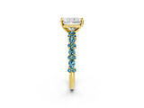 Yellow gold Radiant Cut Diamond Side Stone Solitaire Ring with Round with Blue Topaz side stone and Four-Prong Setting_2