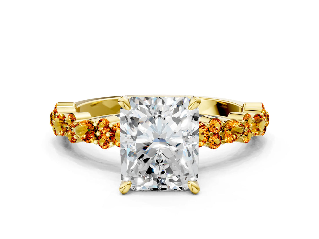Yellow gold Radiant Cut Diamond Side Stone Solitaire Ring with Round with Citrine side stone and Four-Prong Setting