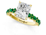 Yellow gold Radiant Cut Diamond Side Stone Solitaire Ring with Round with Emerald side stone and Four-Prong Setting_1