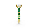 Yellow gold Radiant Cut Diamond Side Stone Solitaire Ring with Round with Emerald side stone and Four-Prong Setting_2
