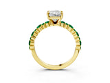Yellow gold Radiant Cut Diamond Side Stone Solitaire Ring with Round with Emerald side stone and Four-Prong Setting_3