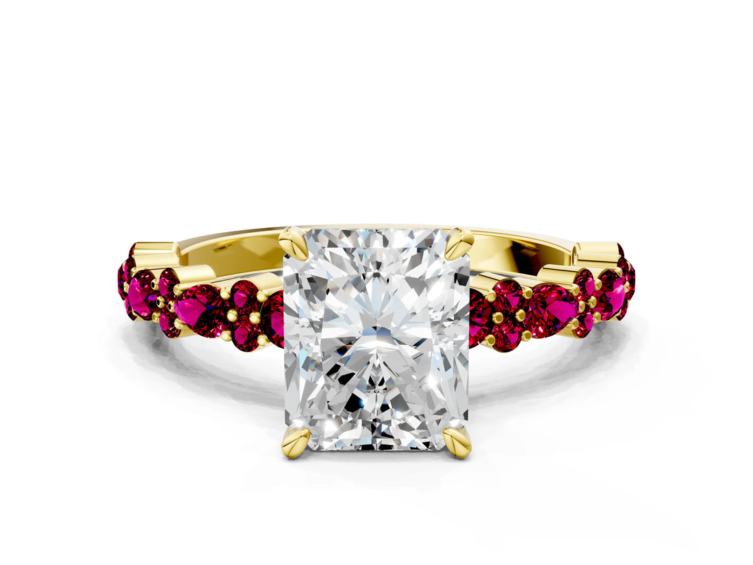 Yellow gold Radiant Cut Diamond Side Stone Solitaire Ring with Round with Garnet side stone and Four-Prong Setting