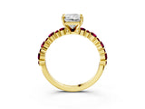 Yellow gold Radiant Cut Diamond Side Stone Solitaire Ring with Round with Garnet side stone and Four-Prong Setting_3