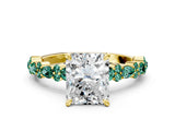 Yellow gold Radiant Cut Diamond Side Stone Solitaire Ring with Round with Green Sapphire side stone and Four-Prong Setting