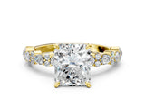 Yellow gold Radiant Cut Diamond Side Stone Solitaire Ring with Round with Moissanite side stone and Four-Prong Setting