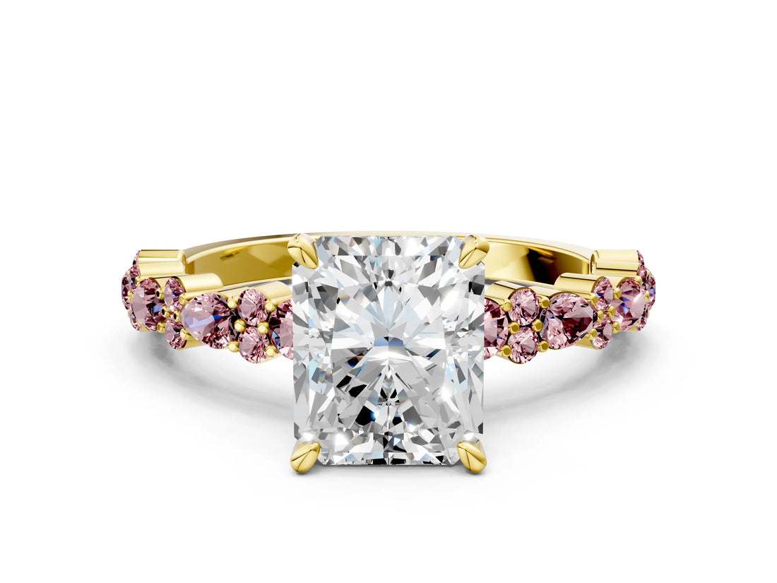 Yellow gold Radiant Cut Diamond Side Stone Solitaire Ring with Round with Morganite side stone and Four-Prong Setting