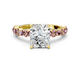 Yellow gold Radiant Cut Diamond Side Stone Solitaire Ring with Round with Morganite side stone and Four-Prong Setting