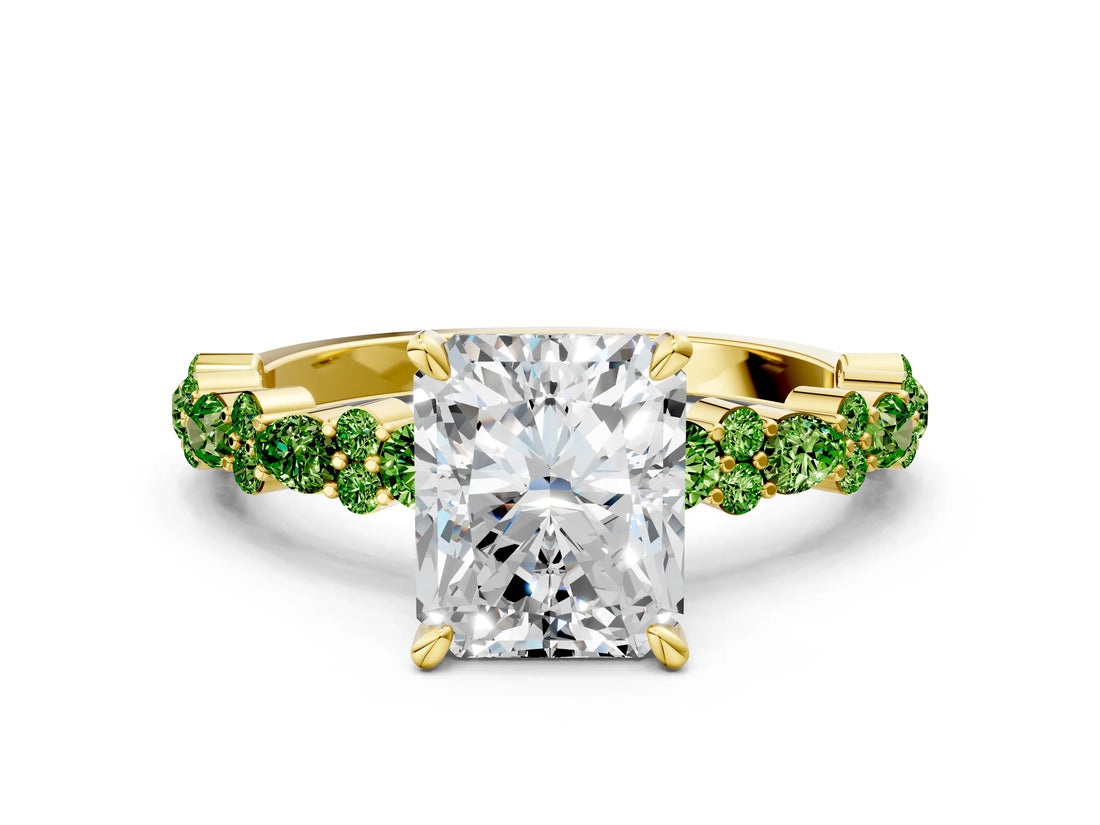 Yellow gold Radiant Cut Diamond Side Stone Solitaire Ring with Round with Peridot side stone and Four-Prong Setting